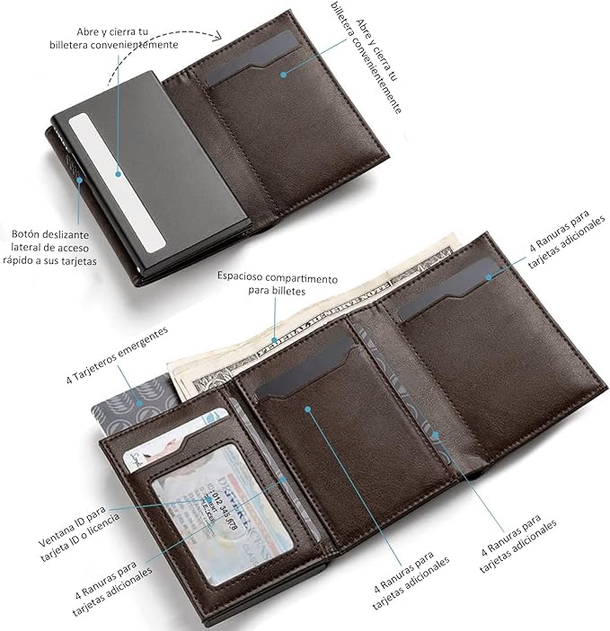 A Tarjetero de cuero,Cartera para Hombre RFID Bloqueo Antirrobo Tarjetero para Caballero Plegable,con bolsillo de moneda cierre del imán billetera,para efectivo y monedas,Carteras para Hombre Regalo.