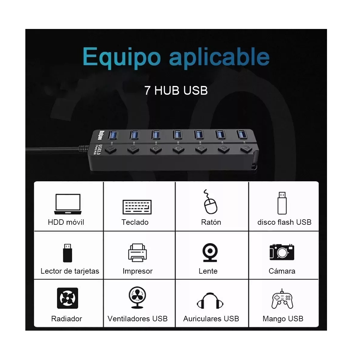 Hub Concentrador Multi Contacto Usb 7 Puertos Switch Negro