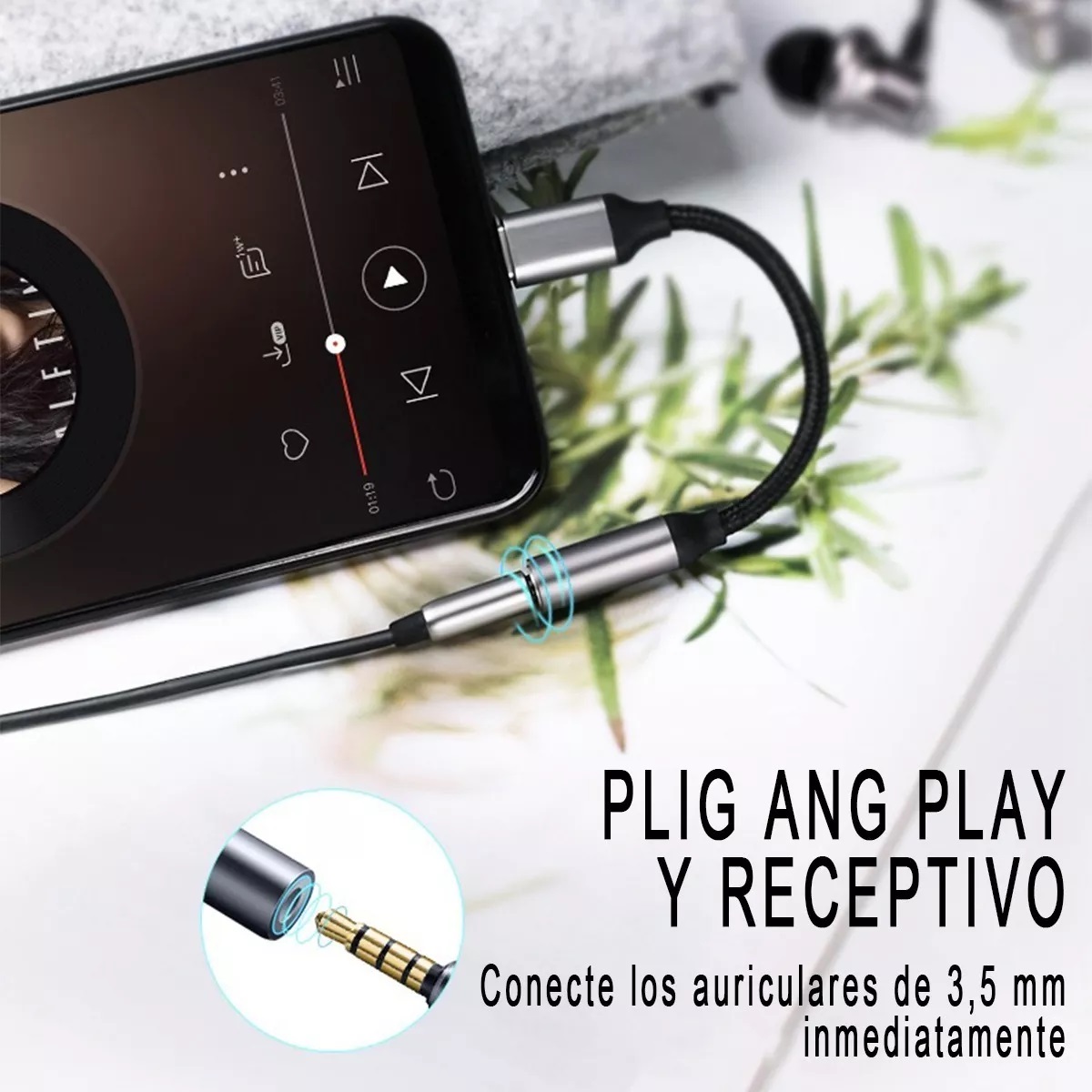 Cable Adaptador Usb 3.1 Tipo-c A Auxiliar 3.5 Audifono Micrófono Gris 