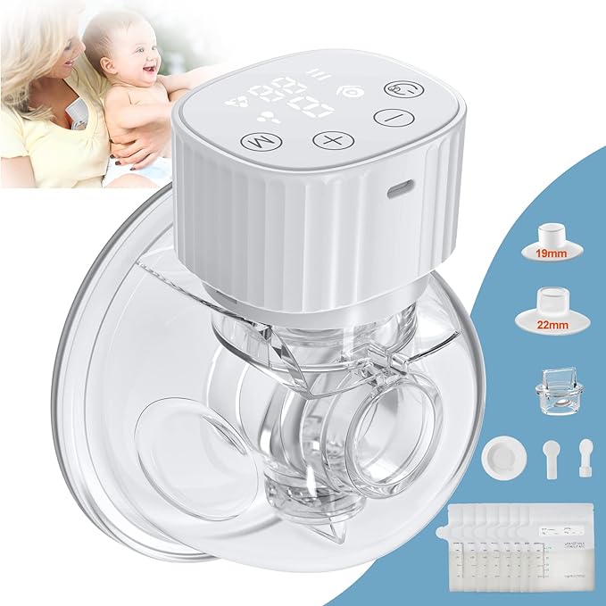 A Extractor de Leche Eléctrico, 3 Modos Extractor de Leche Manos Libres con Pantalla LED, Sacaleches Eléctricos con Bolsas para Leche Materna, Extractor de Leche Portátil viene Bridas de 19 y 22 mm.