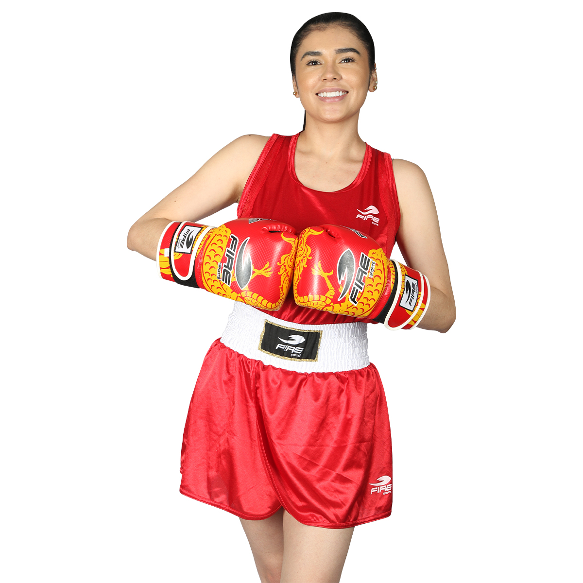 UNIFORME DE BOX OLÍMPICO FIRE SPORTS OFICIAL DE COMPETENCIA FEMENIL ROJO.