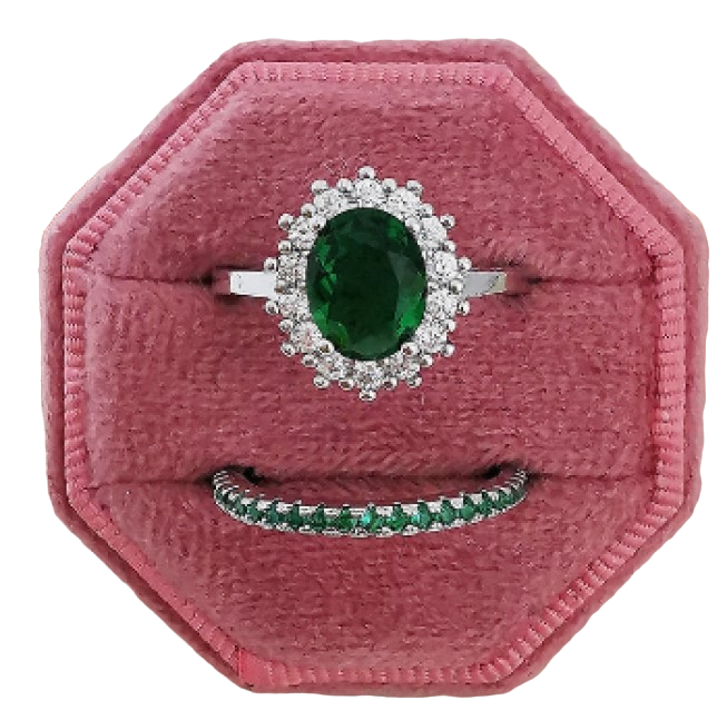 Juego Anillo Compromiso Oval Verde Esmeralda Y Churumbela Plata 925.