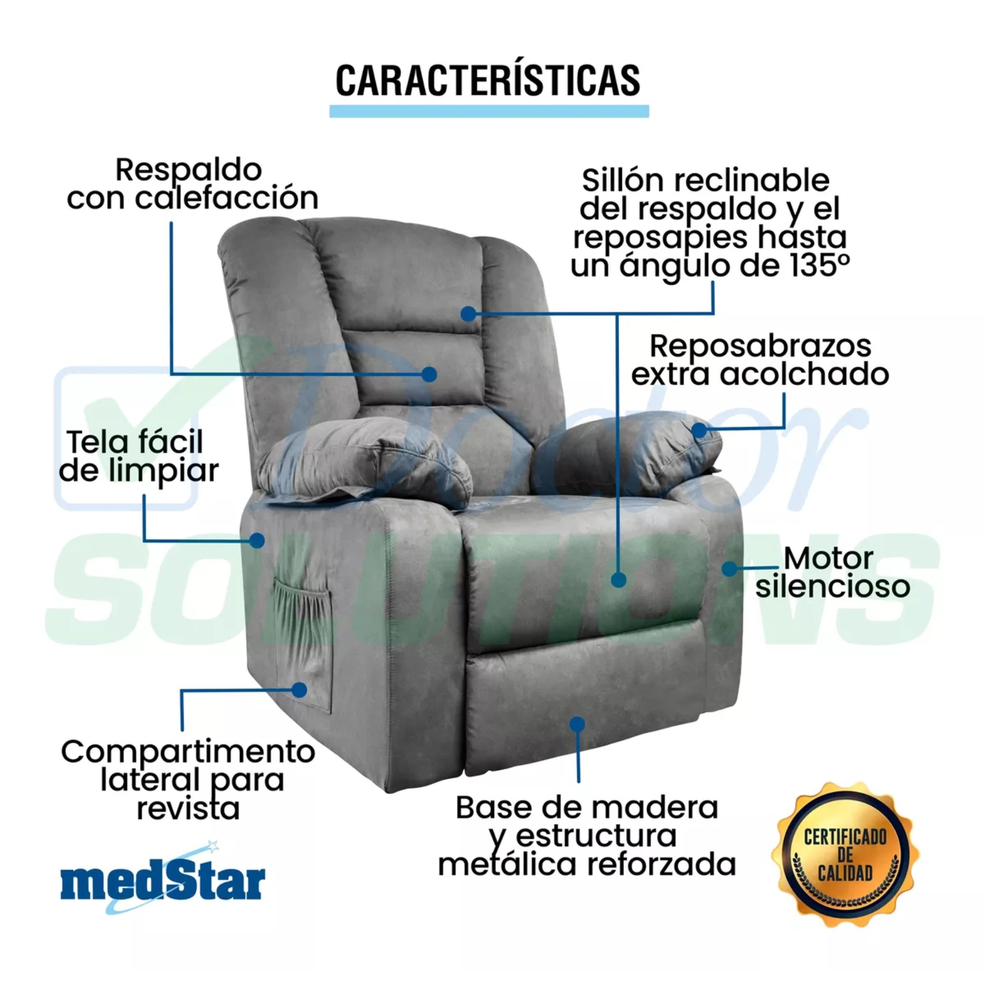 Sillón Reclinable Medstar Gris Eléctrico.