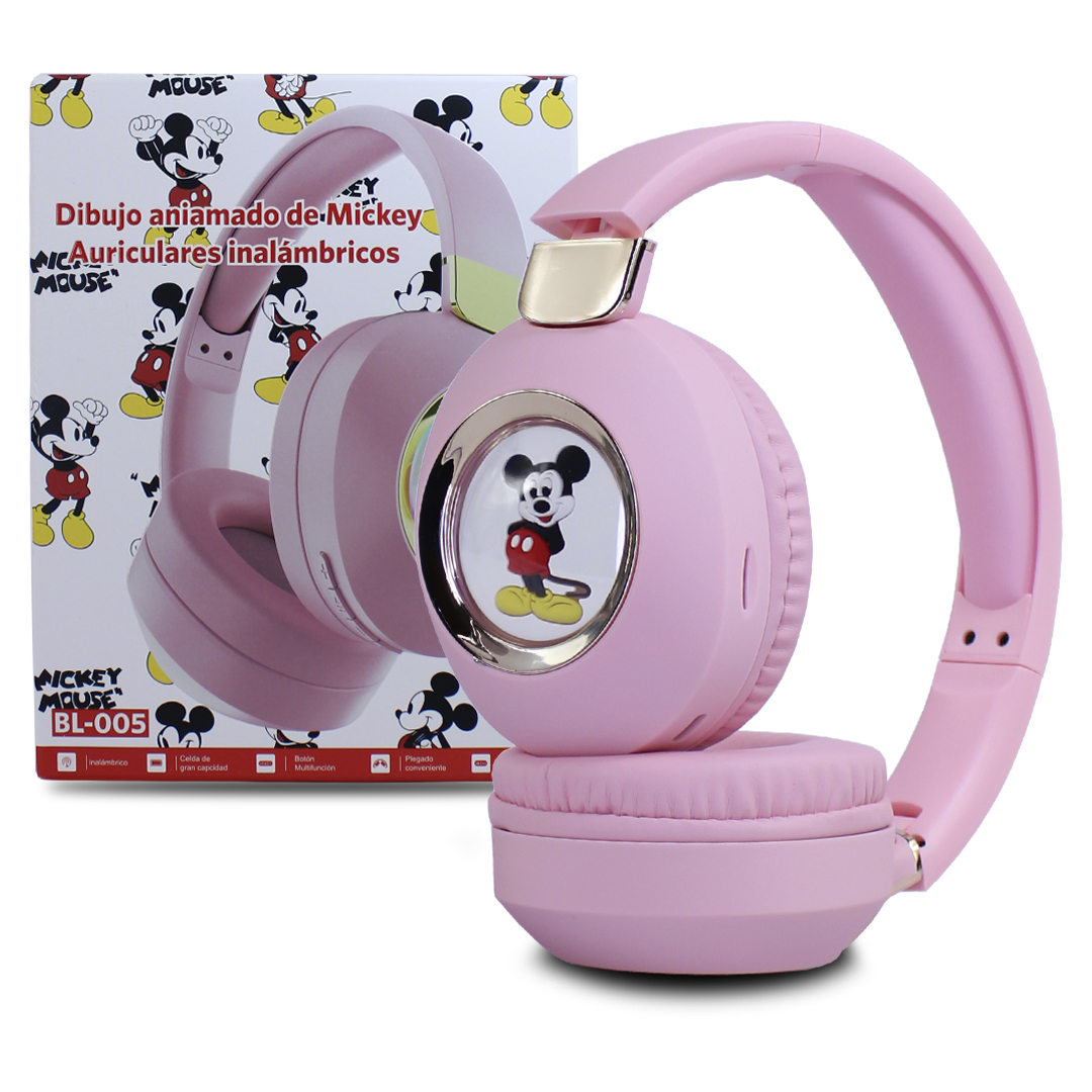 Audífonos Mickey Bluetooth Rosas Con Luz Led.
