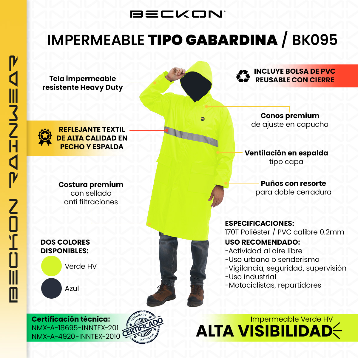 Impermeable gabardina largo para lluvias ligero premium unisex hombre mujer con reflejantes rainwear tallas disponibles.