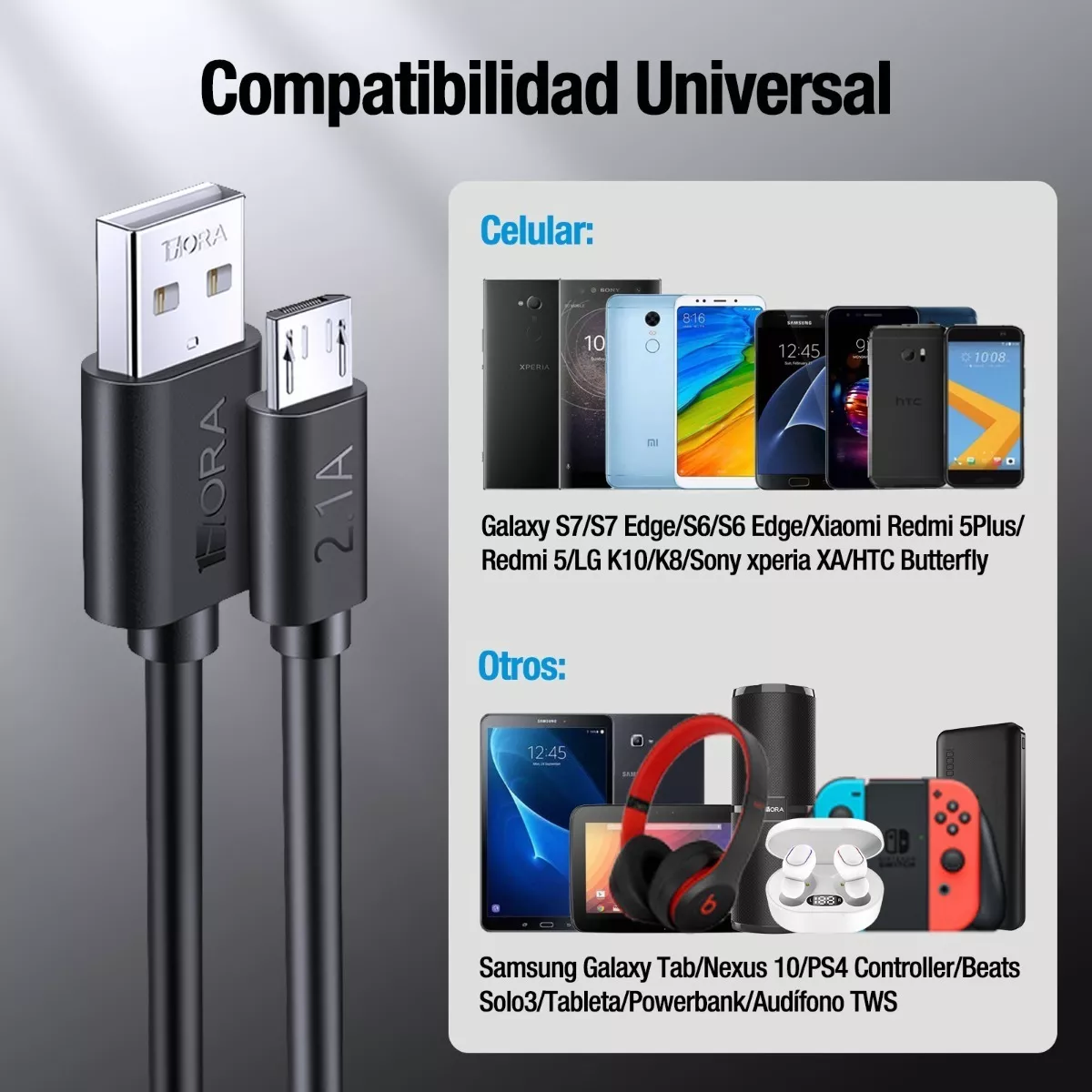 Cable usb 2mts V8 Microusb Android Datos Carga Rápida Negro