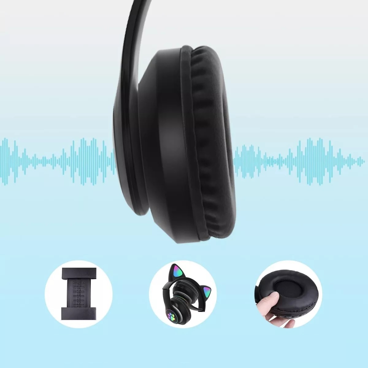 Audifonos Orejas De Gato Bluetooths 5.1 Led Diadema Niños Negro