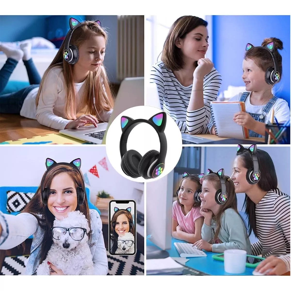 Audifonos Orejas De Gato Bluetooths 5.1 Led Diadema Niños Negro