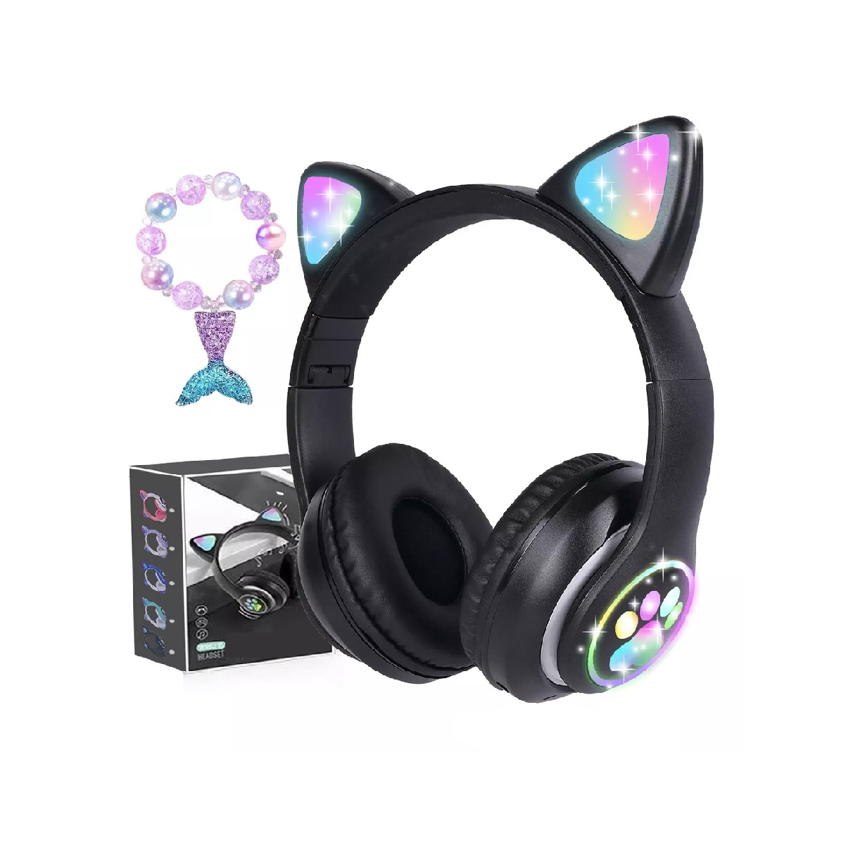 Audifonos Orejas De Gato Bluetooths 5.1 Led Diadema Niños Negro