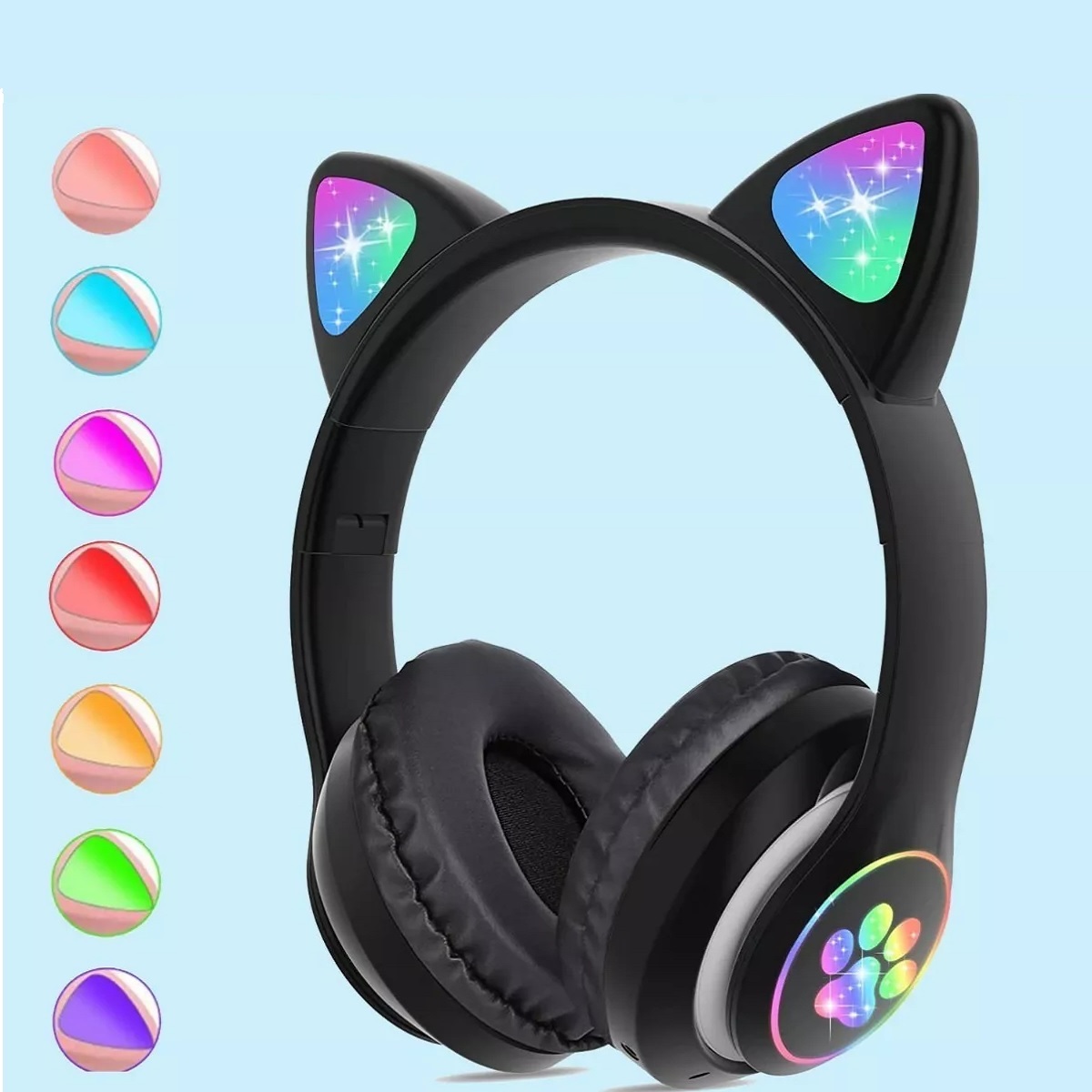 Audifonos Orejas De Gato Bluetooths 5.1 Led Diadema Niños Negro