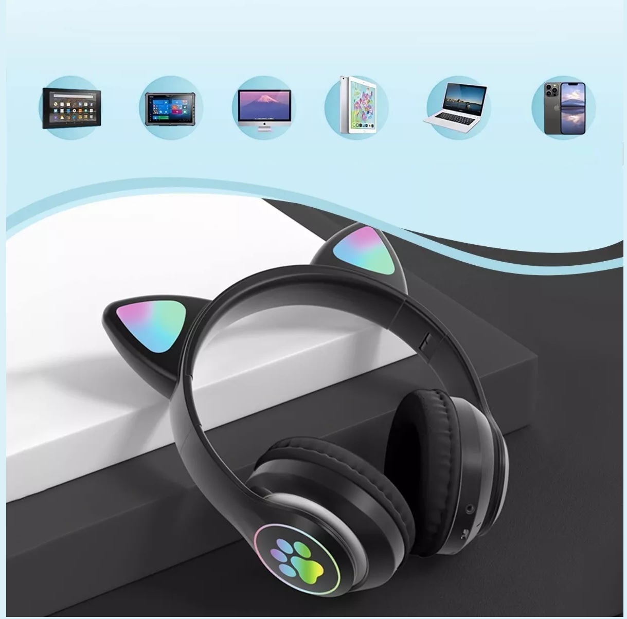 Audifonos Orejas De Gato Bluetooths 5.1 Led Diadema Niños Negro
