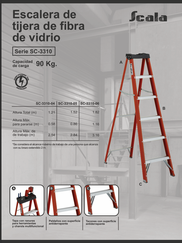 Escalera de tijera de fibra de vidrio de 1.22 mts No conduce electricidad!.