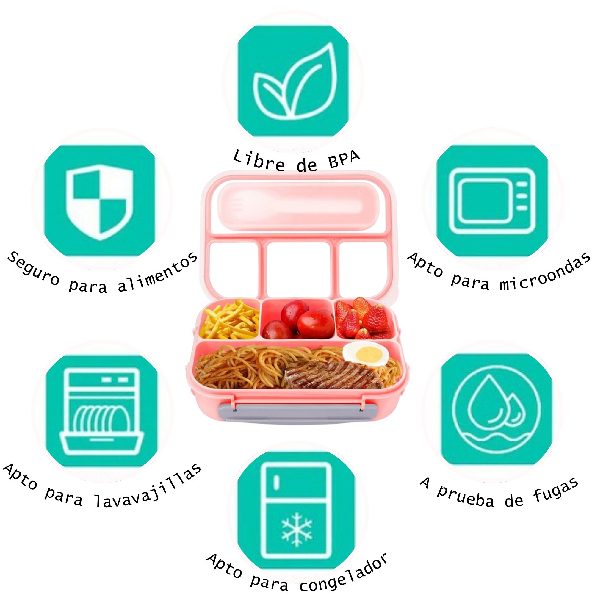 Contenedor Lonchera Lunch Box Hermético con 4 Divisiones - Rosa.