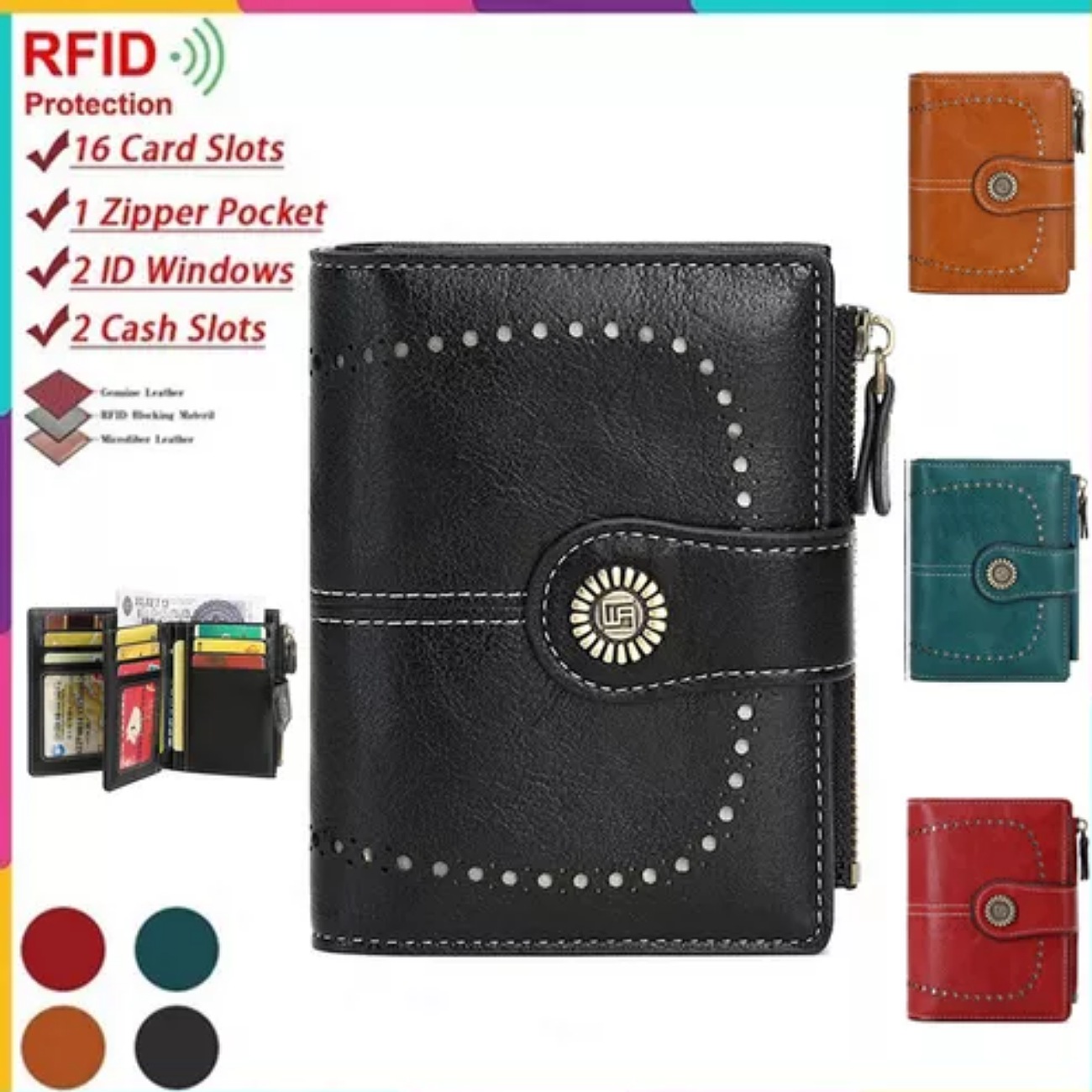Cartera De Piel Para Mujer, Tarjetero Con Bloqueo Rfid