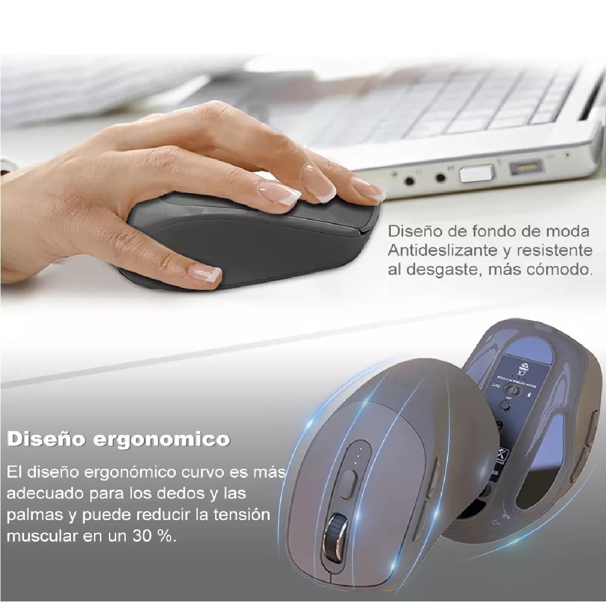 Mouse Inalámbrico Silencioso Ergonómico Gris 