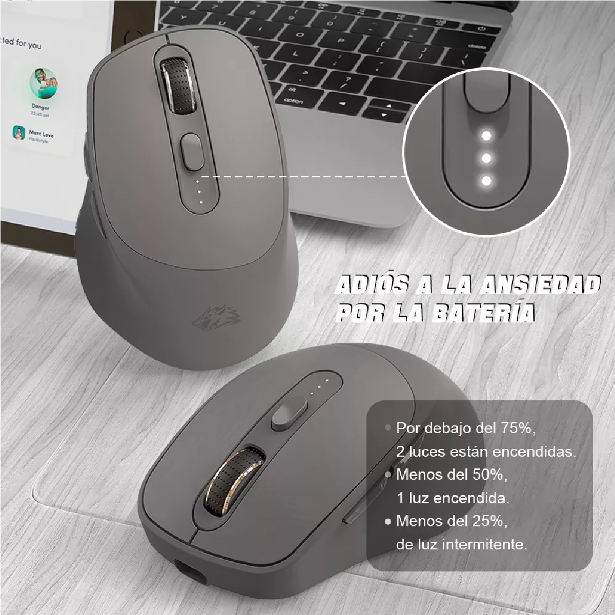 Mouse Inalámbrico Silencioso Ergonómico Gris 