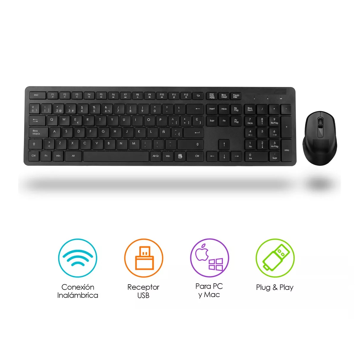 Teclado Y Mouse Inalámbricos Con Receptor Usb Negro.