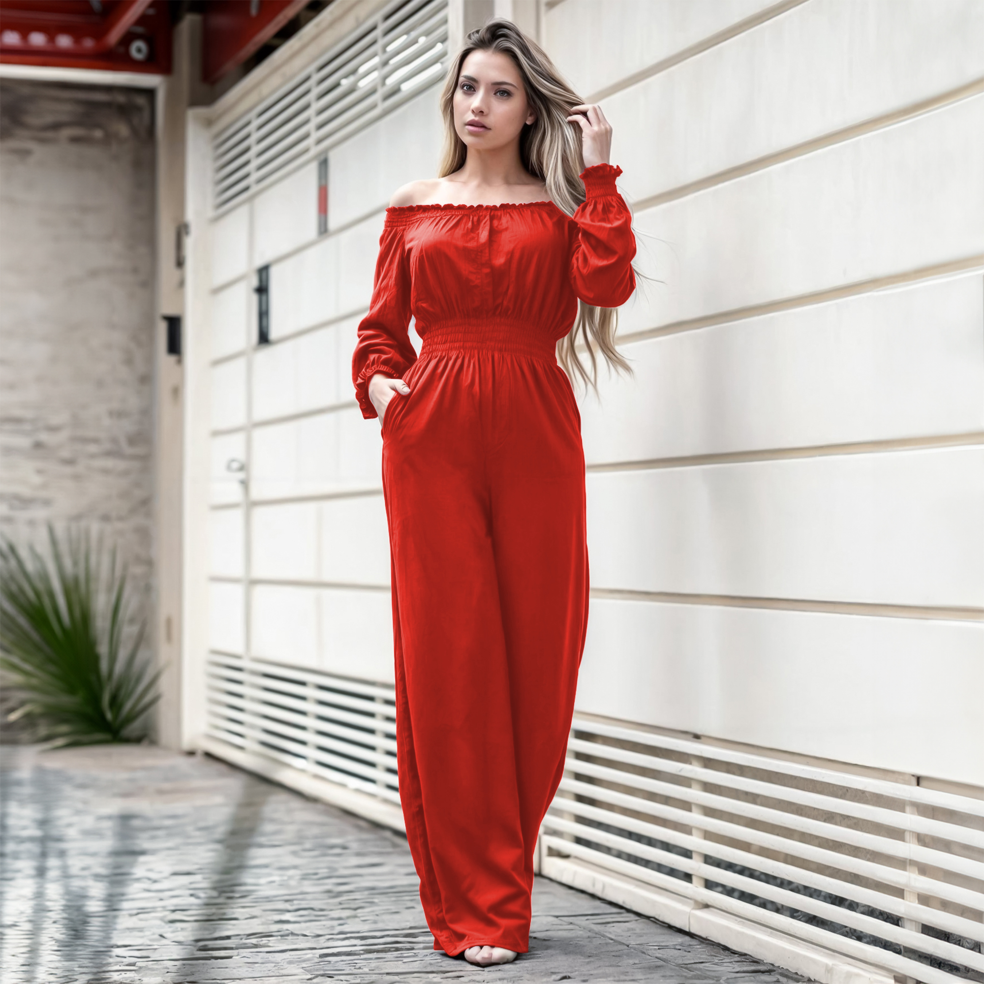 Jumper palazzo enterizo mono jumpsuit elegante casual xally 2D hombros caídos manga larga
