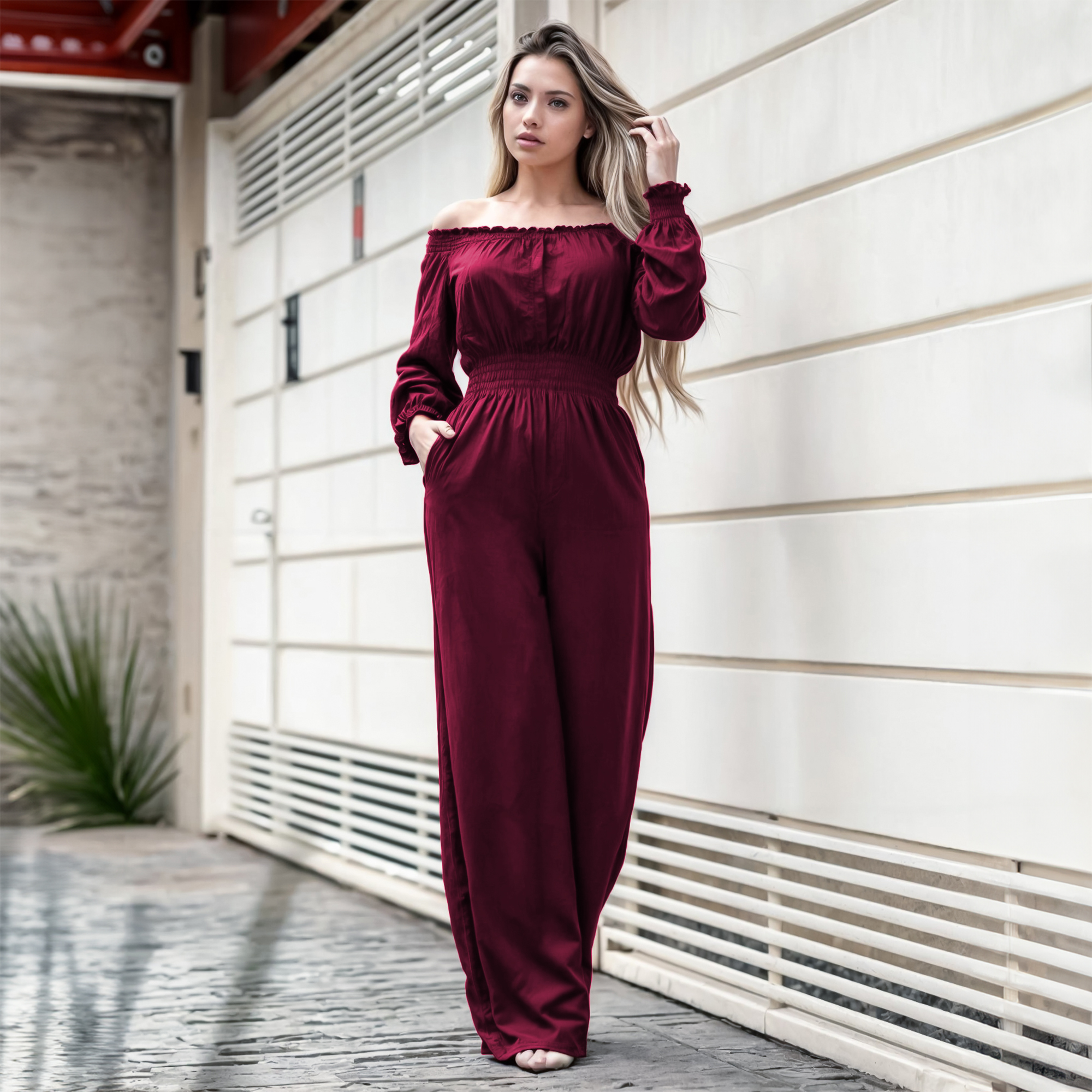 Jumper palazzo enterizo mono jumpsuit elegante casual xally 2D hombros caídos manga larga