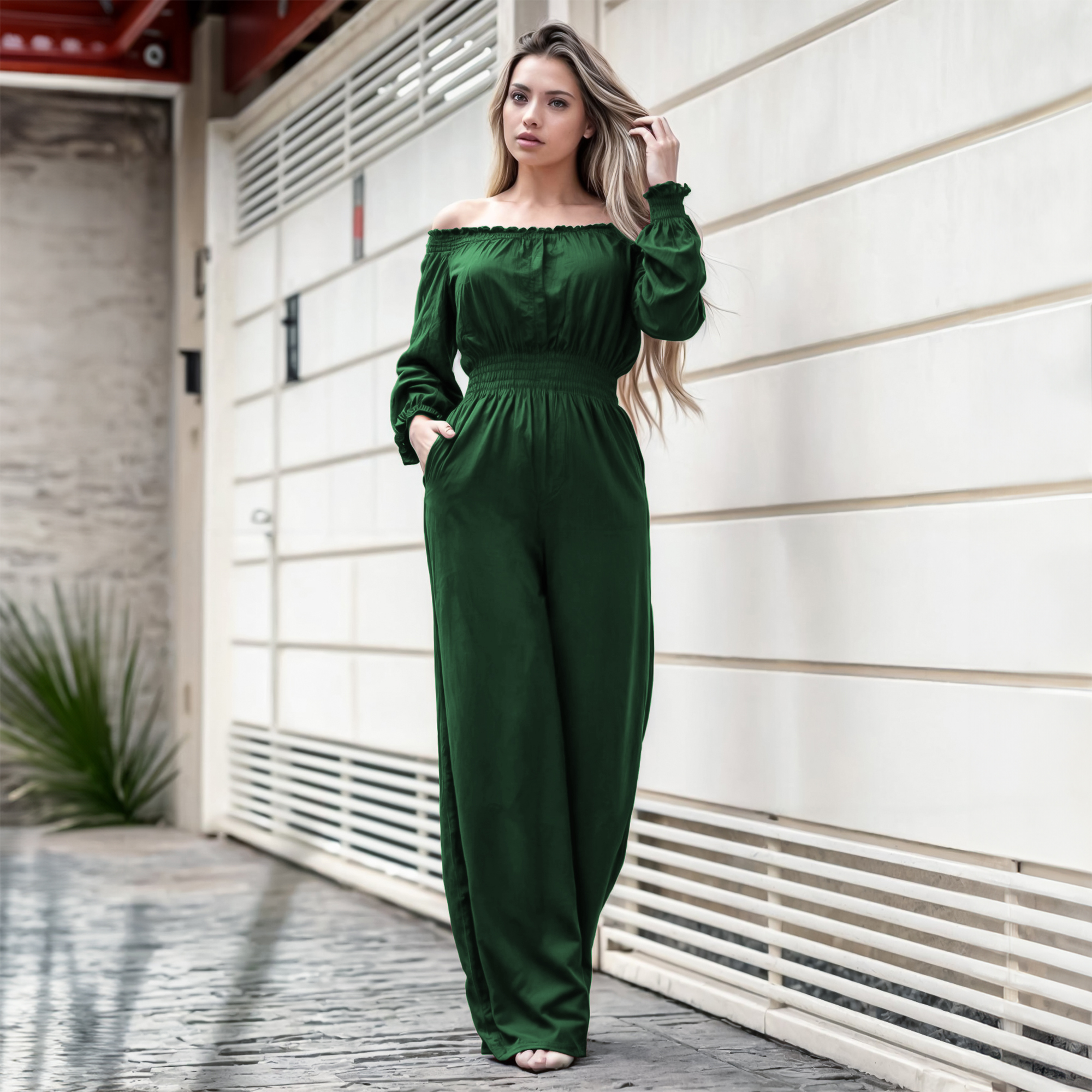 Jumper palazzo enterizo mono jumpsuit elegante casual xally 2D hombros caídos manga larga