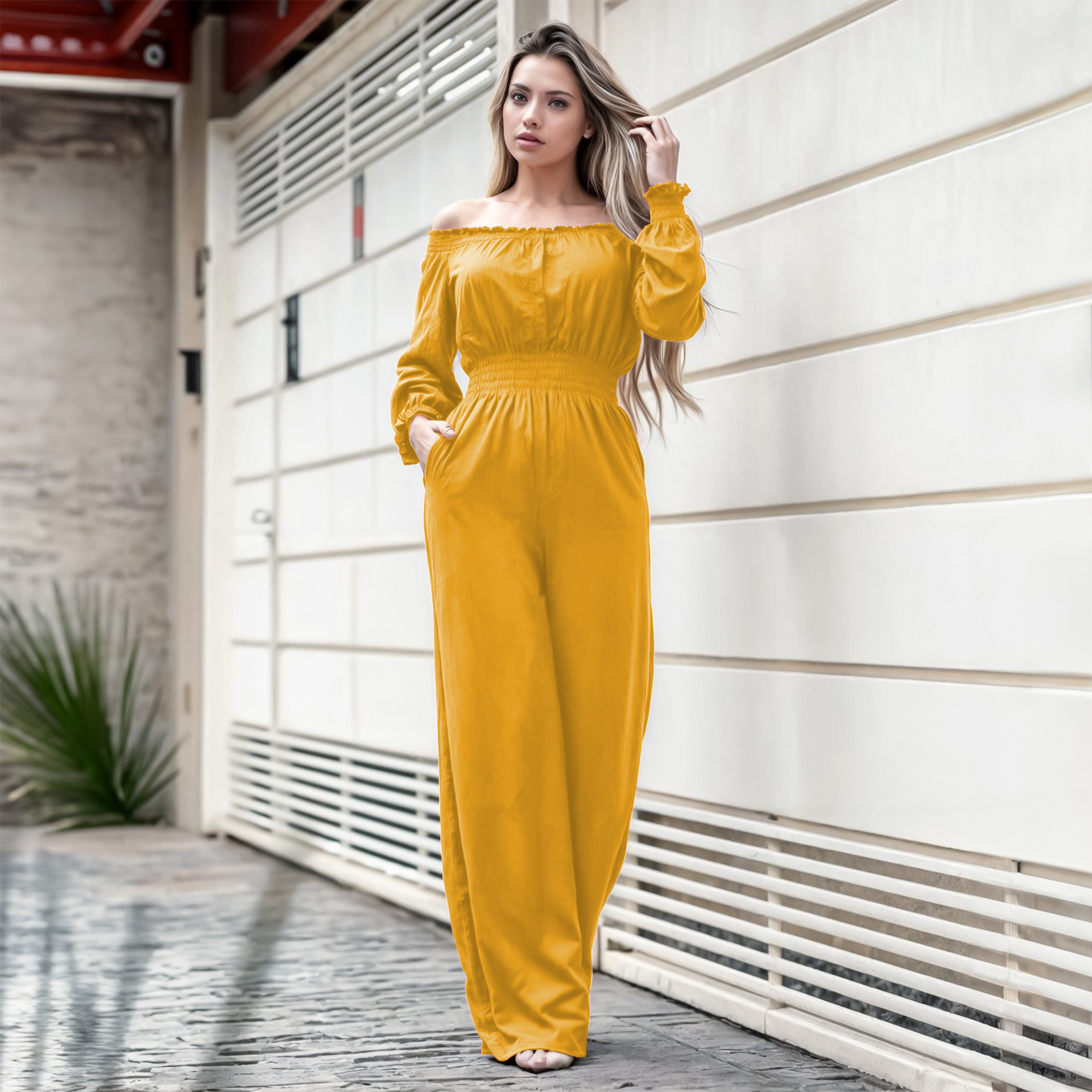 Jumper palazzo enterizo mono jumpsuit elegante casual xally 2D hombros caídos manga larga