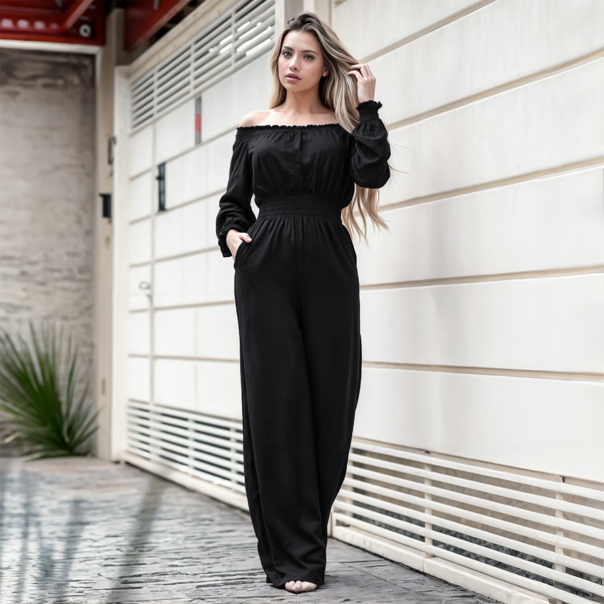 Jumper palazzo enterizo mono jumpsuit elegante casual xally 2D hombros caídos manga larga