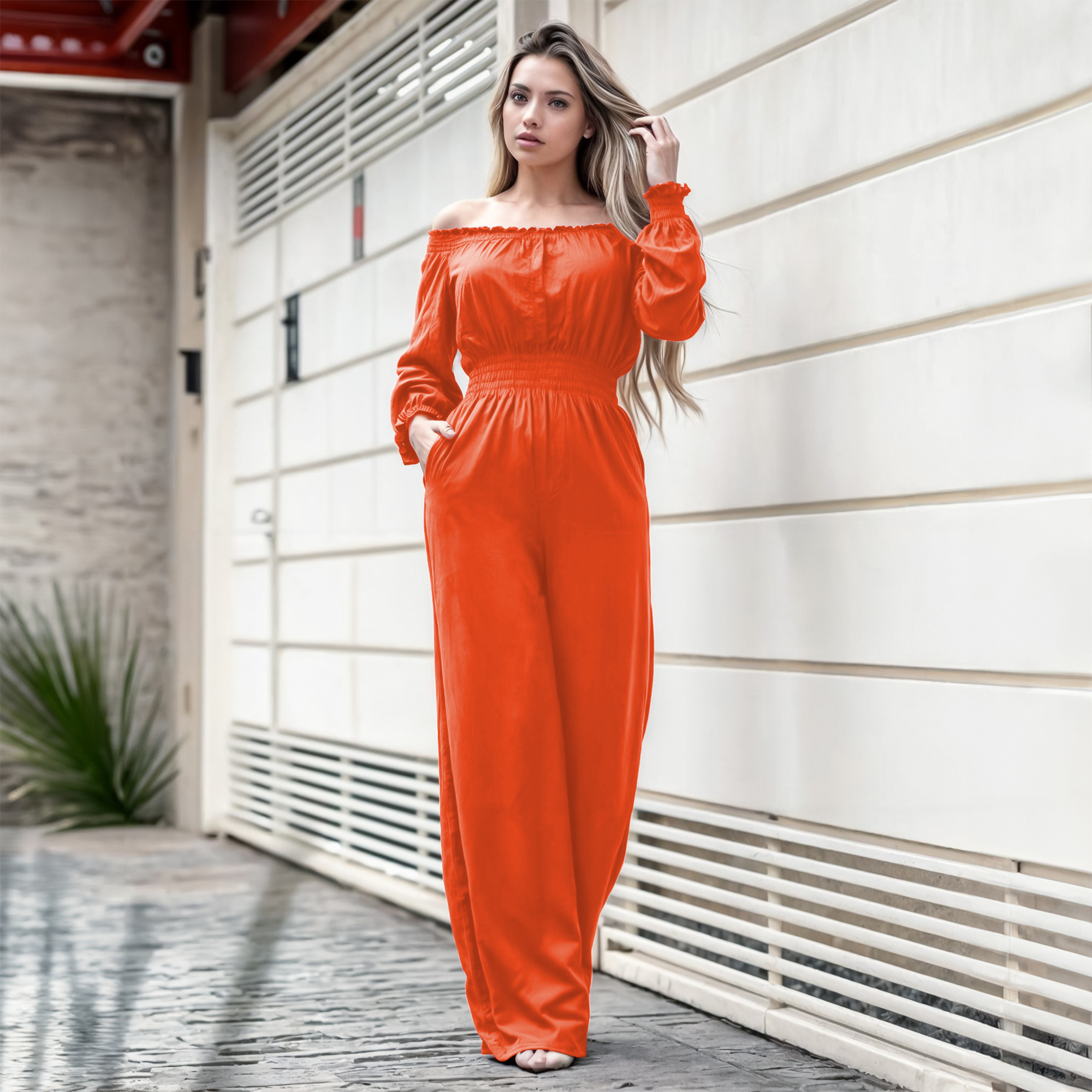 Jumper palazzo enterizo mono jumpsuit elegante casual xally 2D hombros caídos manga larga