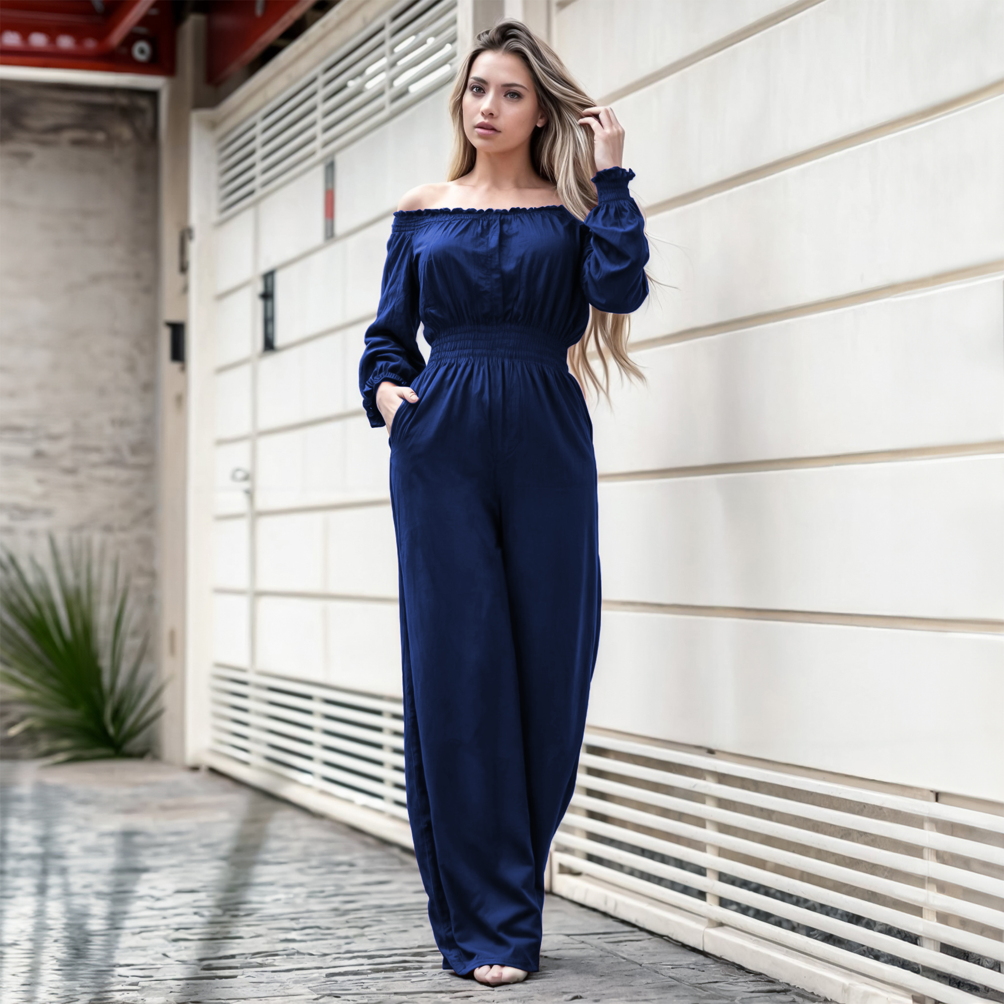 Jumper palazzo enterizo mono jumpsuit elegante casual xally 2D hombros caídos manga larga