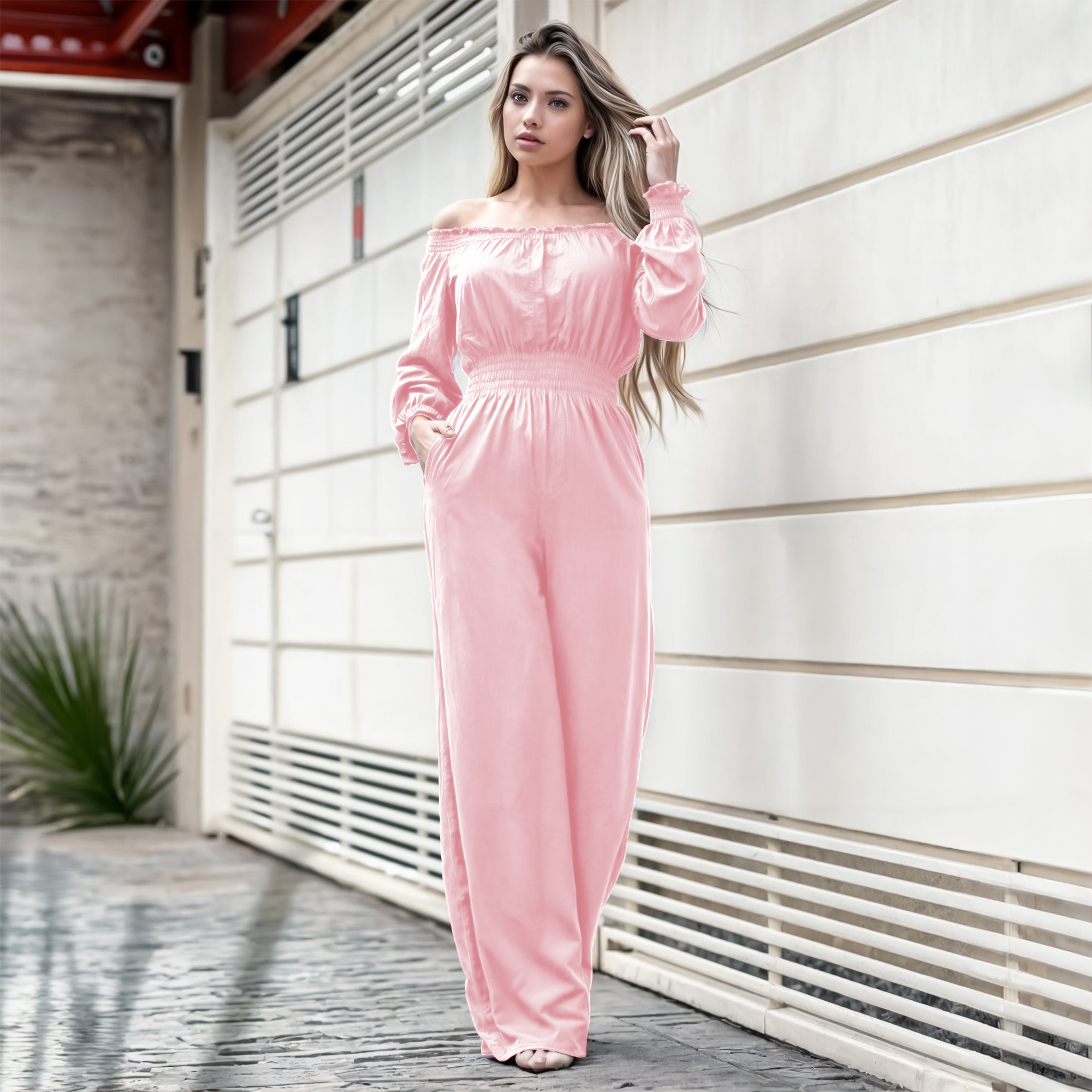 Jumper palazzo enterizo mono jumpsuit elegante casual xally 2D hombros caídos manga larga