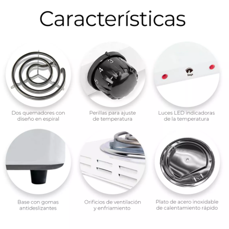 Parrilla Eléctrica Raga 2 Quemadores Acero Inoxidable 2000w Color Blanco