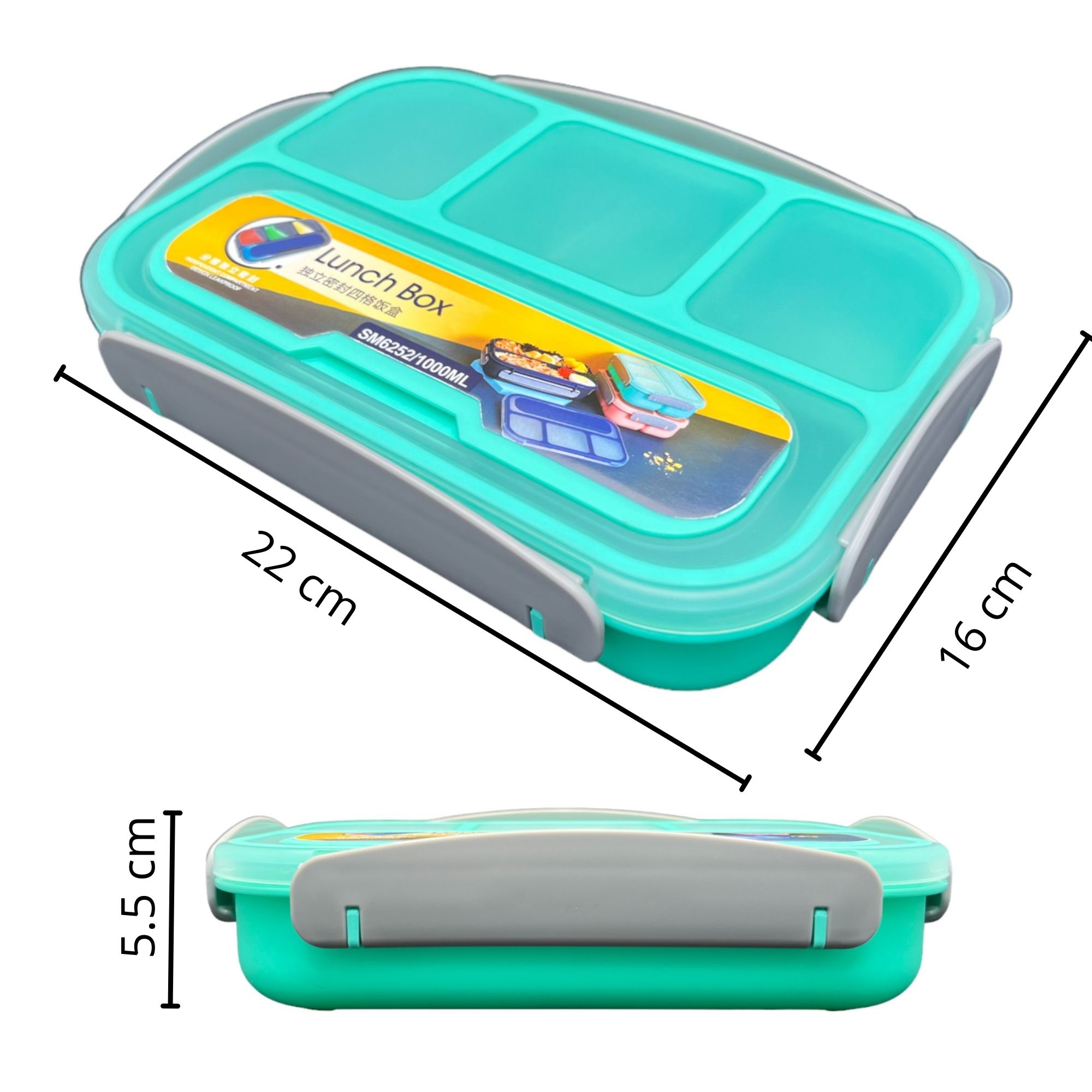 Contenedor Almacenamiento Topper Lonchera Lunch Box Hermético con 4 Divisiones – Verde.