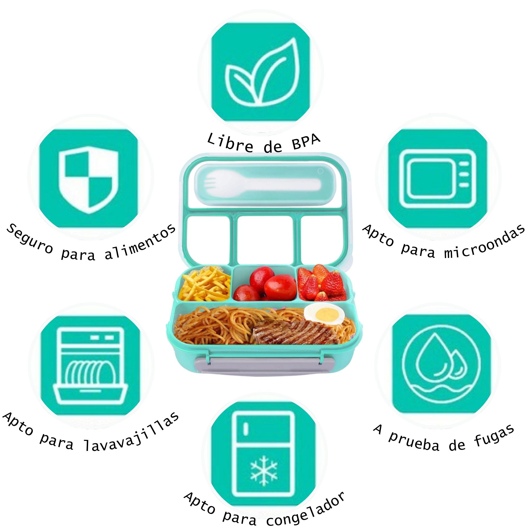 Contenedor Almacenamiento Topper Lonchera Lunch Box Hermético con 4 Divisiones – Verde.