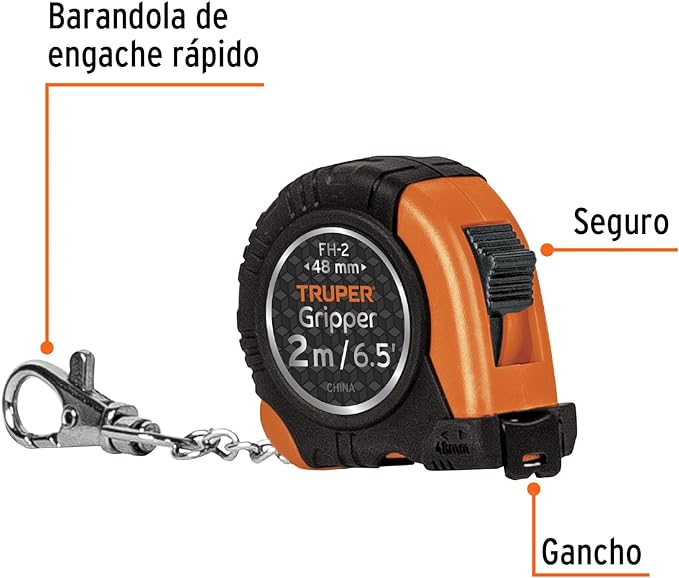 Truper FH-2, Flexómetro tipo llavero, 2 m, cinta 13 mm.