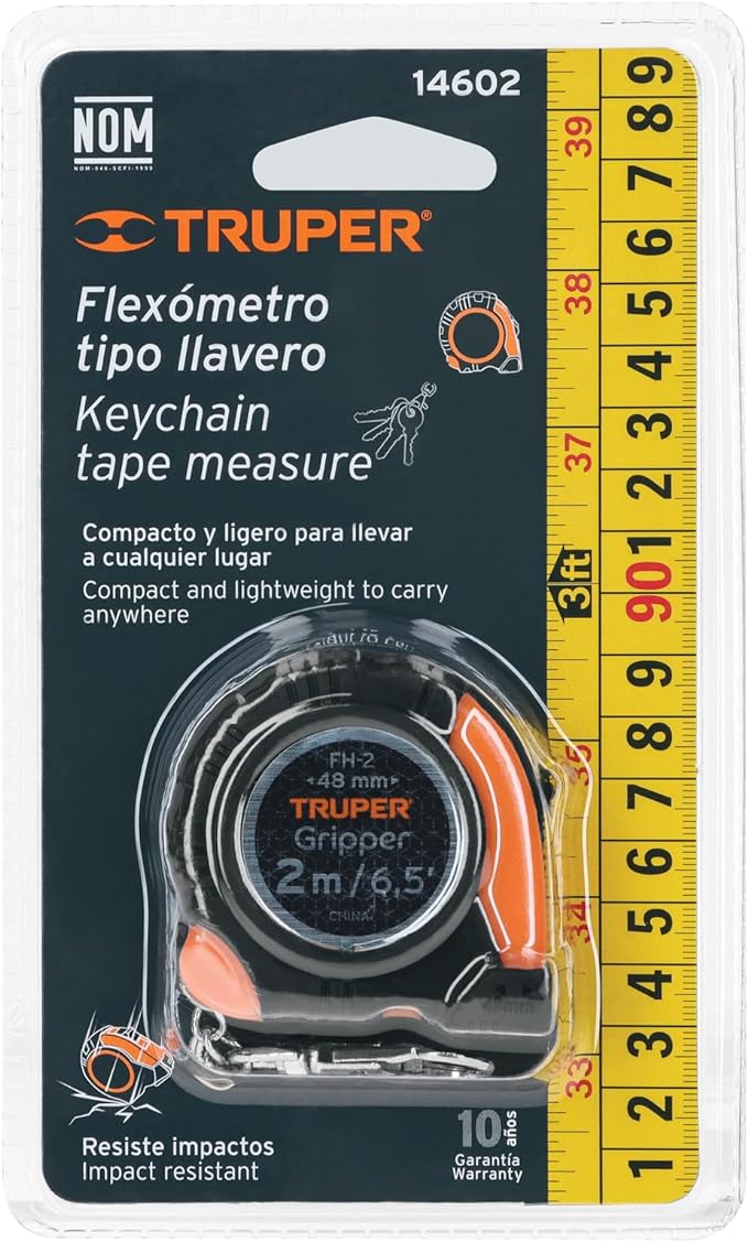 Truper FH-2, Flexómetro tipo llavero, 2 m, cinta 13 mm.