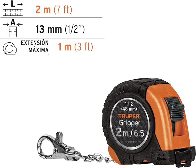 Truper FH-2, Flexómetro tipo llavero, 2 m, cinta 13 mm.