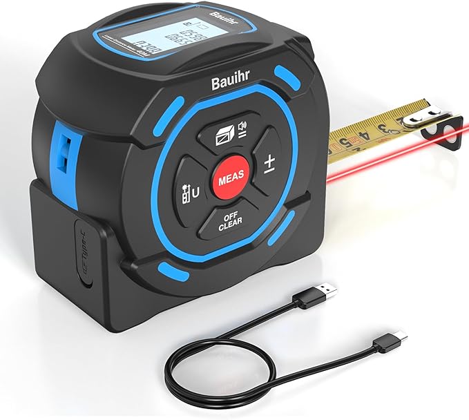 Bauihr Cinta Métrica Láser 2 en 1, Medidor Láser 40M y Flexometro 5M, Puede Medir Pitagórico, Distancia, Área y Volumen, USB C Recargable y Pantalla LCD en Color, Alta Precisión ±2 mm, IP54.