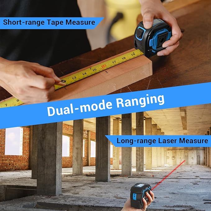 Bauihr Cinta Métrica Láser 2 en 1, Medidor Láser 40M y Flexometro 5M, Puede Medir Pitagórico, Distancia, Área y Volumen, USB C Recargable y Pantalla LCD en Color, Alta Precisión ±2 mm, IP54.