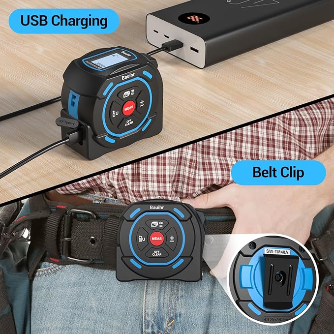 Bauihr Cinta Métrica Láser 2 en 1, Medidor Láser 40M y Flexometro 5M, Puede Medir Pitagórico, Distancia, Área y Volumen, USB C Recargable y Pantalla LCD en Color, Alta Precisión ±2 mm, IP54.