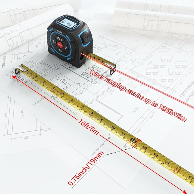 Bauihr Cinta Métrica Láser 2 en 1, Medidor Láser 40M y Flexometro 5M, Puede Medir Pitagórico, Distancia, Área y Volumen, USB C Recargable y Pantalla LCD en Color, Alta Precisión ±2 mm, IP54.