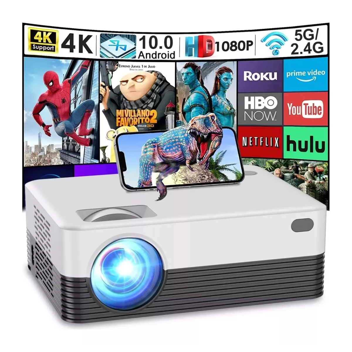 Proyector Wifi Bt Android 10 Portátil Con Pantalla 1080p 4k Blanco.