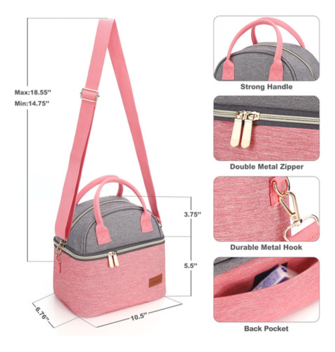 "Lonchera Termicas Bolsa Almuerzo Para Dama Escolares Gris Rosa "