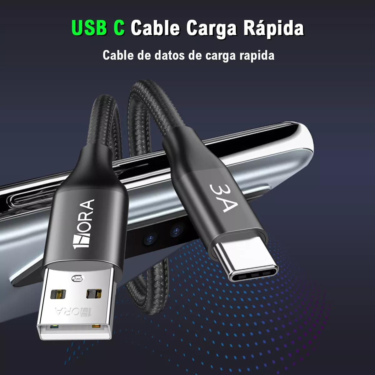 Cable Tipo C 2m Usb C A Usb A 3a Cable Carga Rapid Negro