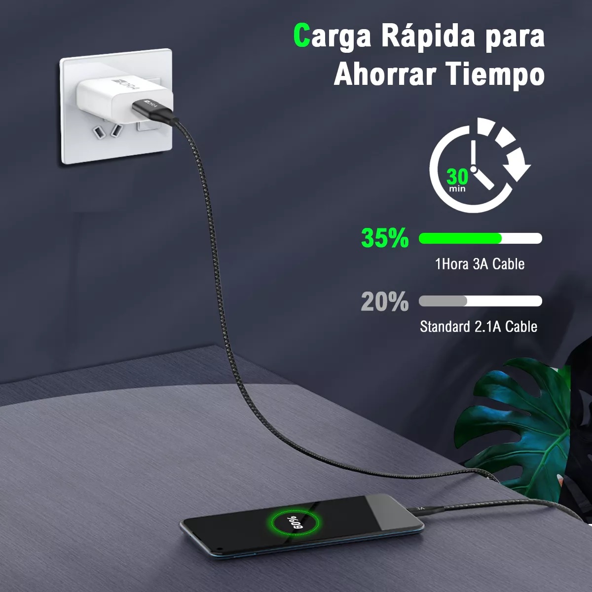 Cable Tipo C 2m Usb C A Usb A 3a Cable Carga Rapid Negro