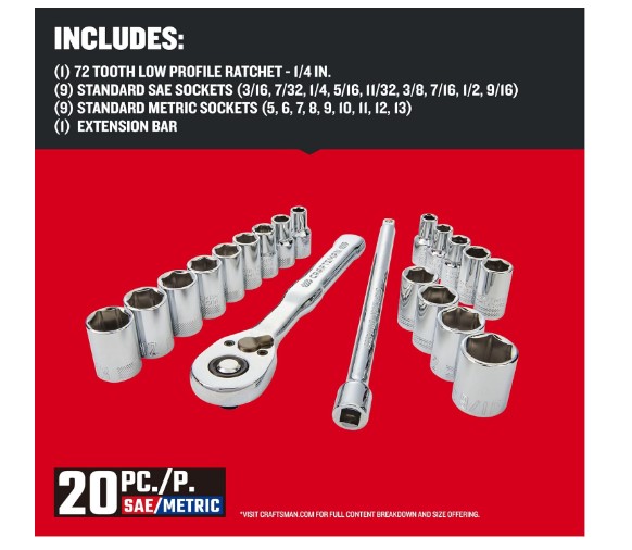 CRAFTSMAN 20 unidades de 1/4 pulgadas Juego de herramientas de mecánica de accionamiento