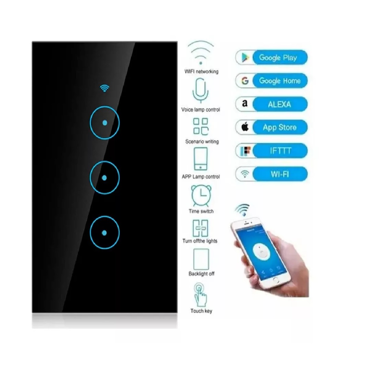 Interruptor Inteligente Wi-fi De 3 Vías Negro Sin Neutro
