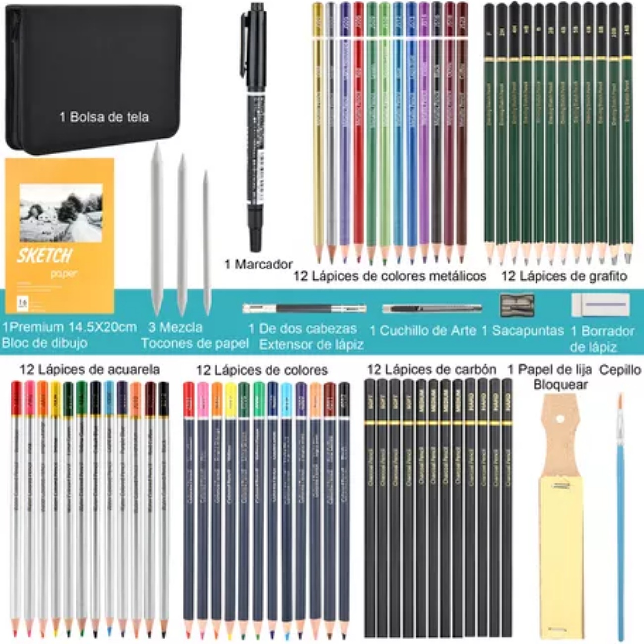 72 Piezas Kit de Lápices de Dibujo, Arte Dibujo Profesional para Colorear, Pintura y Boceto, Incluye Carboncillo, Bosquejo, Lápices de Colores, Libro de bocetos, Estuche Portátil y Más UNUNMX