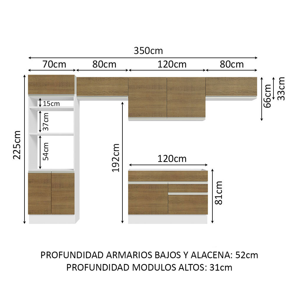 Mueble de Cocina Integral Madesa Glamy 350cm Blanco/Marrón 01.