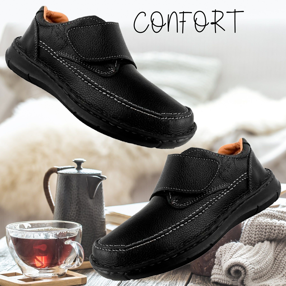 Zapatos Hombre 100% Piel Negros Confort Pie Diabetico 106-n.