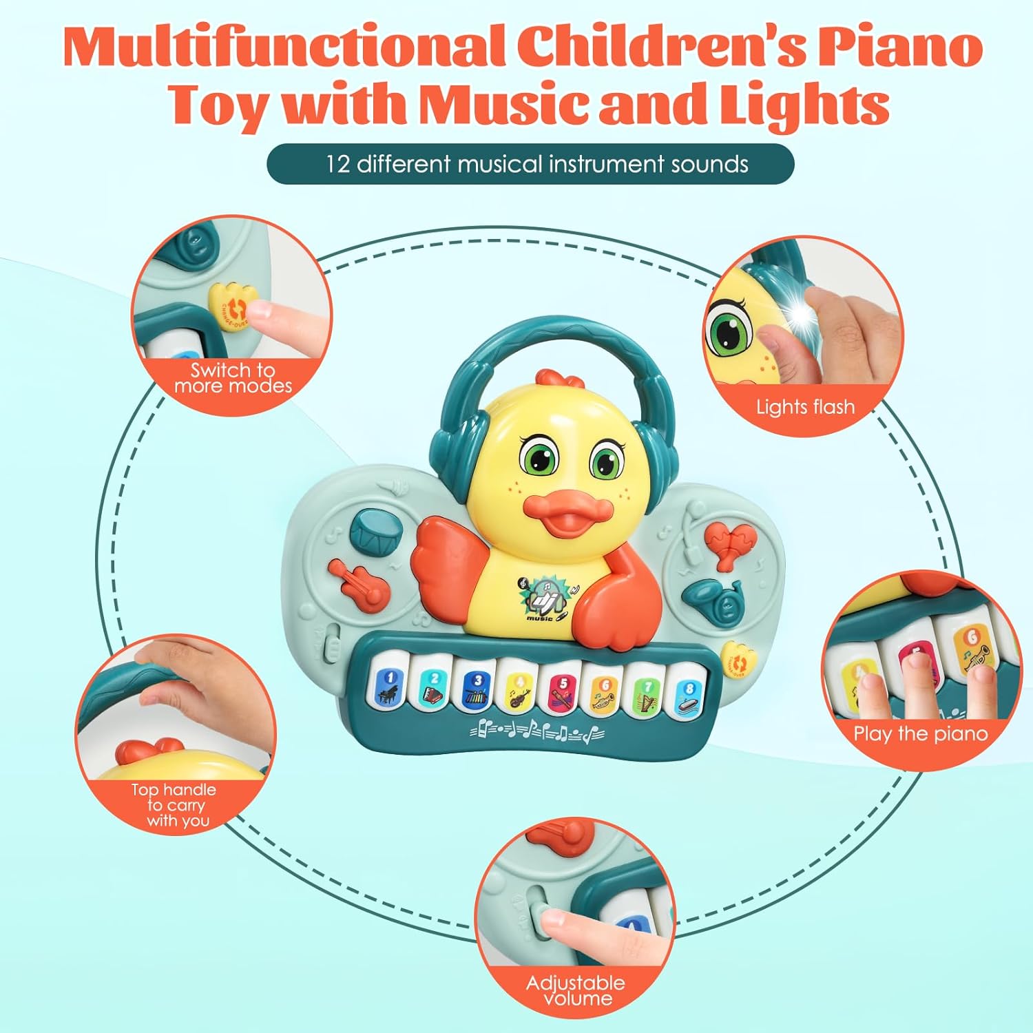 Piano Pato Teclado Musical Con Luces Juguete Bebés Multifunción.