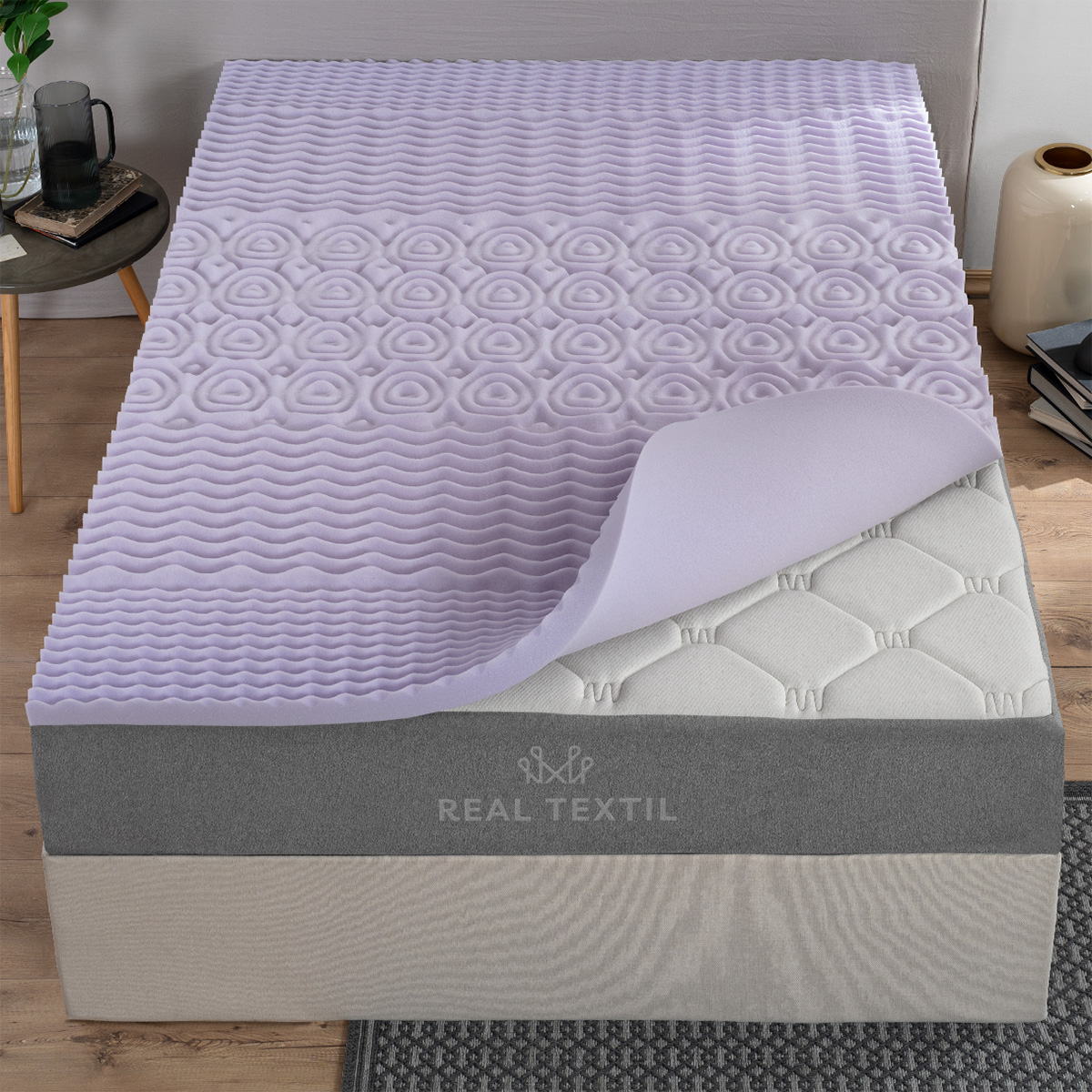 Colchoneta Cubrecolchón Memory Foam King Size Topper Sobrecolchón con 5 Zonas Ergonómicas Lavanda REAL TEXTIL.